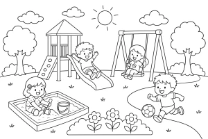 Happy Kids Playing in Park with Swing, Slide, Sandbox, and Ball 🌳🏞️😊