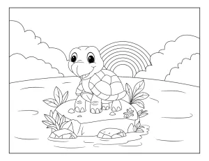 Happy Turtle Sitting on a Rock in a River with a Rainbow, Clouds, and Surrounding Plants 🐢🌈☁️🌿💧