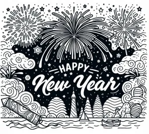 Happy New Year with Fireworks above a River with Buildings 🎆🌉