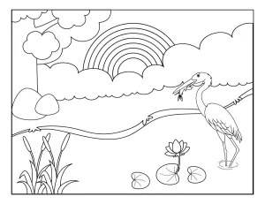 Heron Catching Fish in Pond with Rainbow and Lotus Flower 🐟🌈🌸