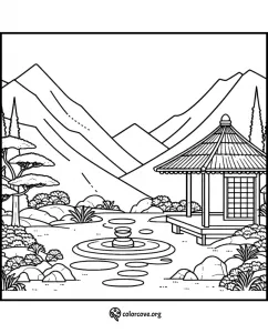 Japanese Garden with a Pond, a Little Pavillion and Mountains in the Background ποΈππ―