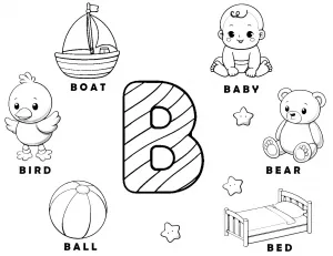 Letter B Words Learning Sheet: Boat - Baby - Bear - Bed - Ball - Bird 🚤🍼🐻
