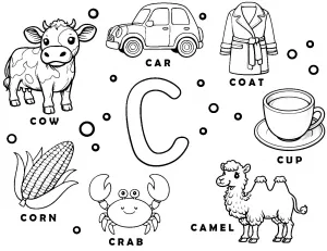 Letter C Words Learning Sheet: Cow - Car - Coat- Cup - Camel - Crab - Corn 🐮🚗🦀