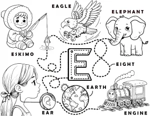 Letter E Words Learning Sheet: Eskimo - Eagle - Elephant - Eight - Engine - Earth - Ear 🦅🐘🚂