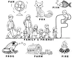 Letter F Words Learning Sheet: Fan - Fox - Fish - Family - Friends - Frog - Farm - Fire 🦊🐠👨‍👩‍👧‍👦🐸🚜🔥