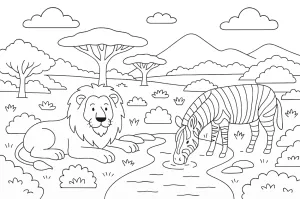 Lion and Zebra by the Water in the Savanna 🦁🦓🌳