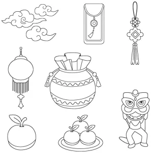 Lunar New Year Celebration Elements: Lantern, Red Envelope, Lion Dance, Oranges, Lucky Bag, and Clouds 🏮🧧🦁🍊✨☁️