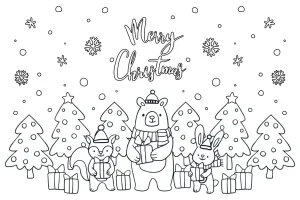 Merry Christmas Fox Bear and Bunny with Hats Holding Gifts Surrounded by More Gifts and Christmas Trees in the Background 🎁❄️🎄