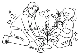 Mother and Daughter Gardening Planting Plants with Shovel  🌼👩‍👧🌞🌷