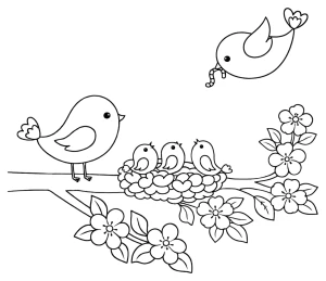 Mother and Father Bird Feeding Baby Birds on a Branch with Flowers π¦πΈπΏ