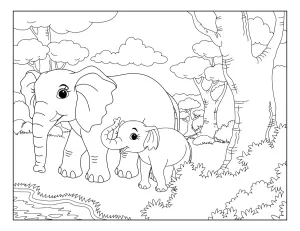 Mother Elephant with Baby Elephant near the Water at the Edge of the Forest 🐘🌳💧👶🌿