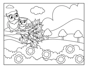 Mother and Baby Owl Sitting on Tree Branch in Landscape with Flowers 🦉🌼🌳💫