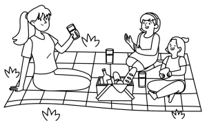 Mother with Two Daughters Picknicking on a Cloth with Basket with Bread Having Drinks 🍞🌳👩‍👧‍👧❤️