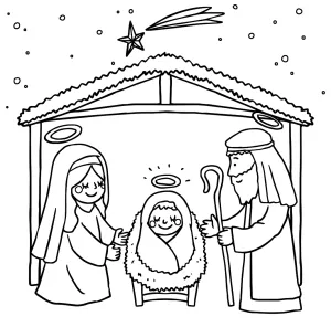 Nativity Scene with Baby in Crib Joseph and Mary in the Manger - Snow Starting to Fall  ❄️👶🏼🌠