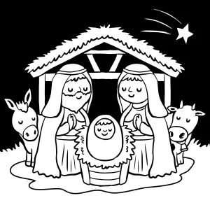 Nativity Scene: Mary, Joseph and Baby Jesus with Donkey and Ox in Front of Stable 🌟🐄🕊️