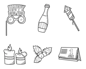New Year Party Elements: Party Glasses, Bottle, Fireworks Rocket, Candles, Holly, Calendar 🥂🎇🍾🕯️