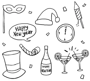 New Year Celebration Elements: Mask, Hats, Clock, Bottle, Drinks, Fireworks π©β°πΎπ₯