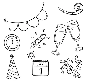 New Year Party Elements: Glasses Toasting, Party Hat, Clock, Fireworks, Streamers 🥂🎉🎆🎊