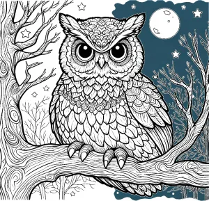 Owl on a Tree Branch in the Night with Moon and Stars 🦉🌳🌙🌟