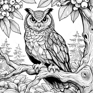 Owl on a Tree Branch with Berries in Forest 🦉🌳🍇