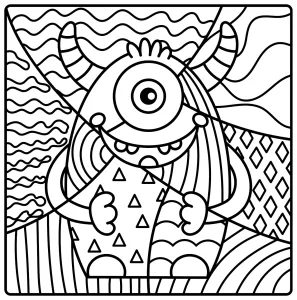 Cute One-Eyed Monster with Patterns of Lines, Waves, Triangles and Diamonds, with Horns and Little Arms 👁️✨🎨🌀