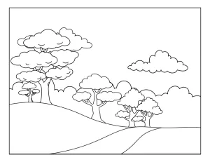 Peaceful Forest Pathway on Rolling Hills with Trees and Clouds 🌳🌿🌥️🌲⛰️