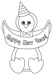 Penguin with Party Hat and Bow Holding Happy New Year Text Banner 🎉🐧🎀