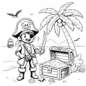 Pirate with Sword on Island with Gold Treasure Chest under Palm Tree ⚔️🏝️💰
