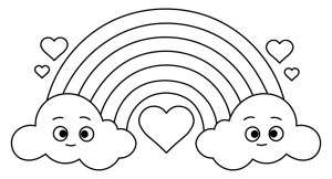 A cheerful rainbow with friendly clouds and a heart symbol 🌈💖😊