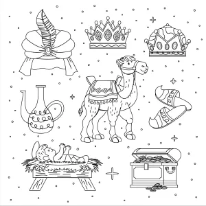 Collection of Reyes Magos Elements: Turban, Crowns, Gold in Chest, Frankincense, Baby Jesus, Camel, Babuchas Shoes 👑🐪🌟✨