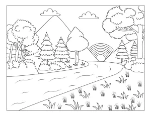 River Flowing Through Forest with Mountains and a Rainbow in the Distance 🌲🌈🏞️💧