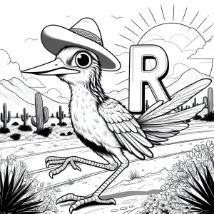 Roadrunner with Hat with Letter R in a Landscape with Cactus 🐦👒🌵