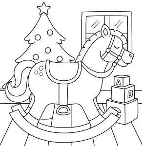 Rocking Horse with a Christmas Tree Behind It and Wooden Block Toys Featuring A, B, C in a Room with a Window 🎄🧸🎅🪑🎁
