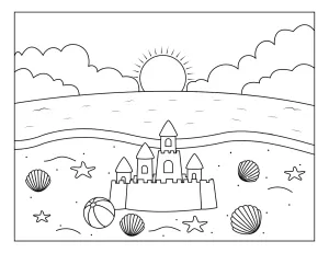 Sandcastle with Ball and Seashells on a Beach with Ocean Waves and Sunset 🏖️🌅🌊