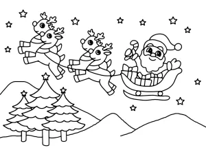 Santa Flying in Sleigh Pulled by Reindeer in the Starry Sky Above Mountains and Trees 🛷🦌✨🎄🌌