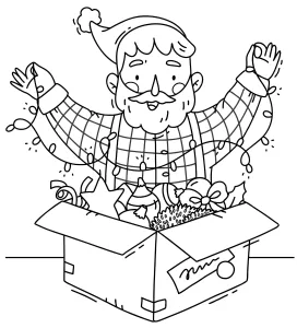 Santa Unpacking Box with Christmas Tree Decorations Holding Lights up 🎅🎄✨