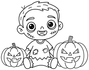 A playful zombie kid sitting between two smiling jack-o-lantern pumpkins 🎃👻🎃