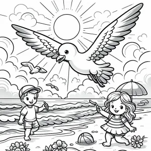 Seagull Flying over Beach with Boy and Girl Playing in the Sand with Letter S 🐦🏖️🏖️🧑‍🤝‍🧑