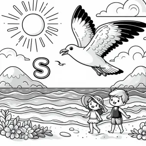 Seagull Flying over Beach with Boy and Girl Walking on Shore with Letter S π¦ποΈπΆββοΈπΆββοΈ