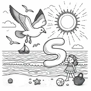 Seagull Flying over Beach with Girl Running and Letter S 🐦🏖️🏃‍♀️