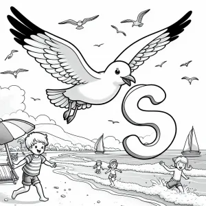 Seagull Flying over Beach with Kids and Letter S 🐦🏖️👶👦👧