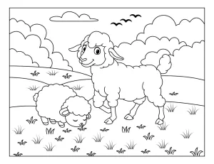 Sheep and Lamb Grazing Peacefully in a Green Meadow 🐑🌿☁️