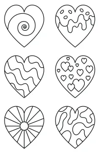 Six Decorated Hearts with Waves, Swirl, Hearts,Lines, Patterns and Candy 💖🍬🎨