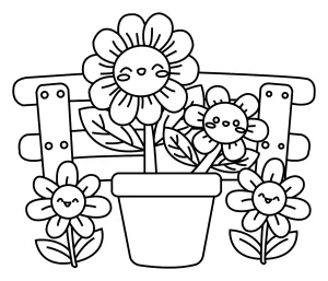Smiling Flowers in a Pot on a Bench in a Cheerful Garden Scene 🌸😊🌼