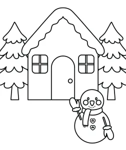 Snowman Waving Standing in Front of House and Trees ⛄🎄❄️🌟
