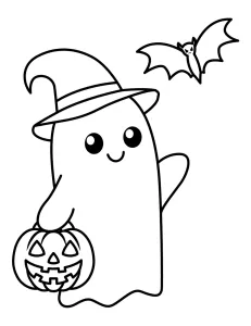 Cute Spooky with Witch Hat Holding a Pumpkin Candy Cauldron Waving at a Bat 🎃🦇🧙♀️