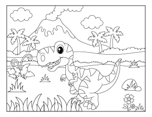 T-Rex Dinosaur Standing in Landscape with Volcano 🦖🌋🌴🌟