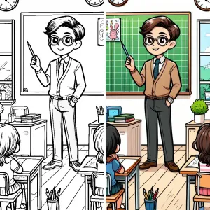Teacher in Classroom Pointing at Blackboard with One Hand in Pocket 🏫👩‍🏫👉