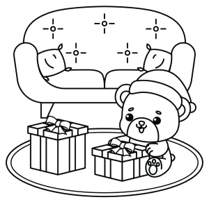 Teddy Bear with Santa Hat Opening Christmas Gifts in front of Sofa 🧸🎁🎅