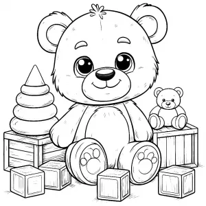 Join this adorable teddy bear as it plays with wooden toys, cubes, blocks, and a cute little baby bear companion! 🧸🎲